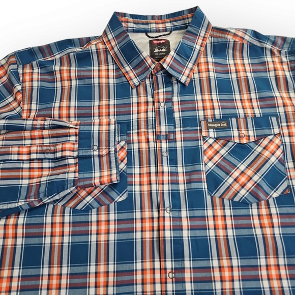 Wrangler Other - Wrangler Outdoor 2X Large Regular Fit‎ Blue Orange Plaid Snap Button LS Shirt